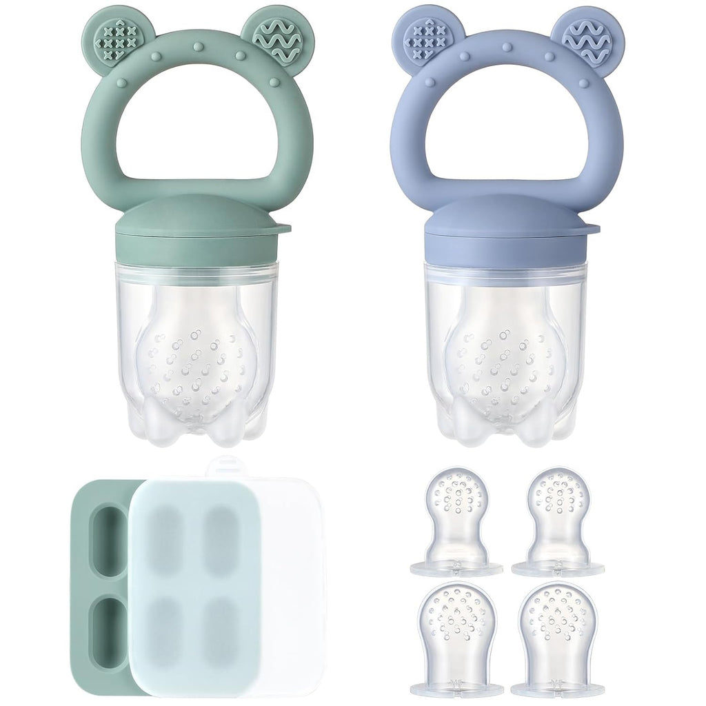 Skiennix Silicone Baby Fruit Feeder - 2 Pack with Mini Freezer Tray & Breastmilk Popsicle Molds for Teething Relief