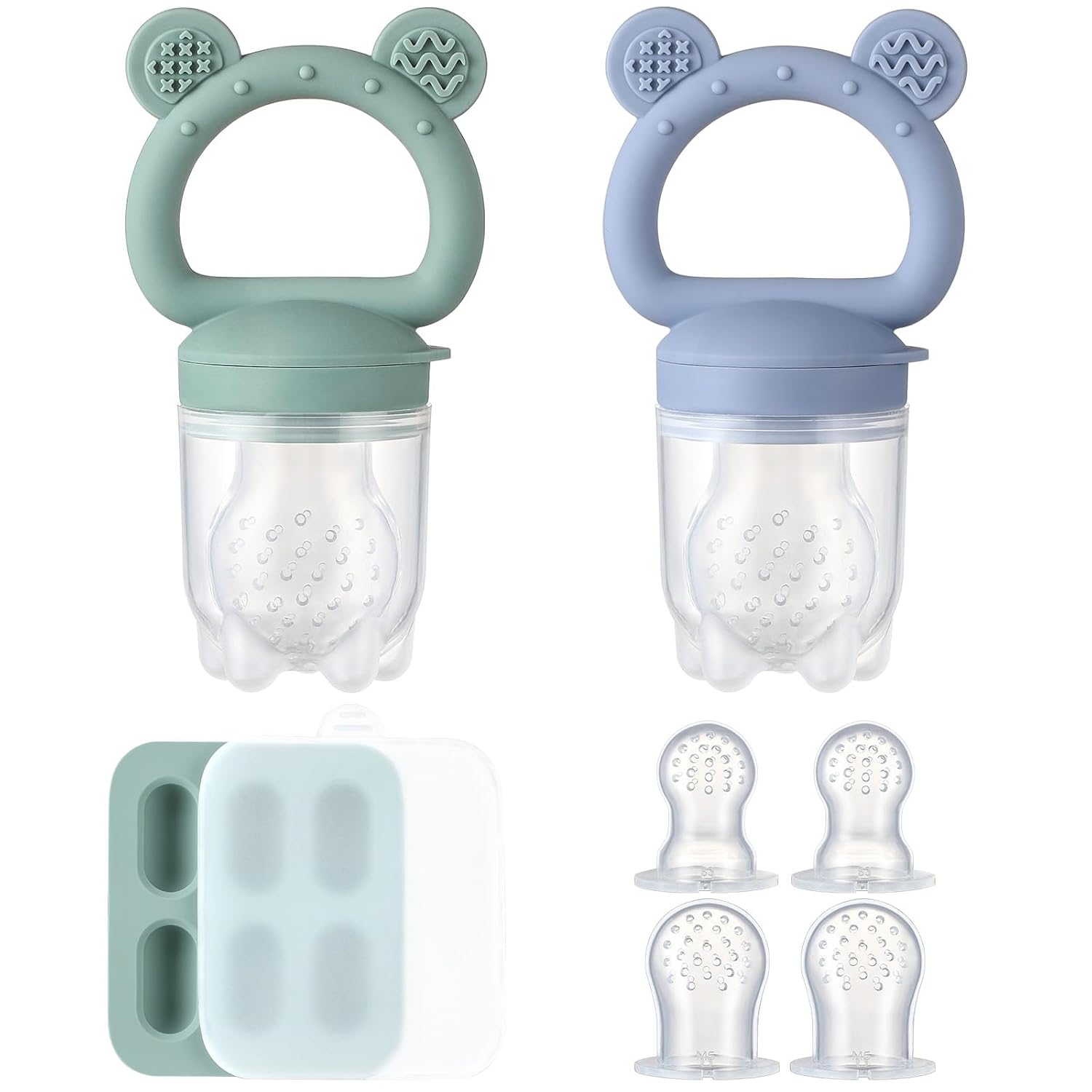 Skiennix Silicone Baby Fruit Feeder - 2 Pack with Mini Freezer Tray & Breastmilk Popsicle Molds for Teething Relief