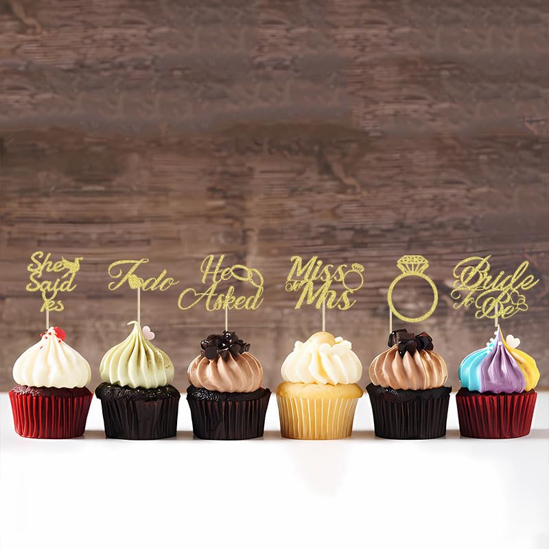 24 PCS Gold Glitter Bride to Be Cupcake Toppers for Parties