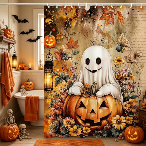 Yellow Halloween Shower Curtain with Ghost & Pumpkin - 72x72 Inch Waterproof Fabric Set
