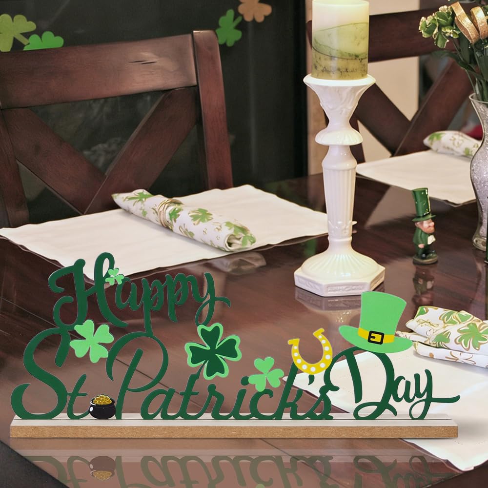 MEETYAMOR St Patricks Day Decorations, Wood Metal Happy St Patricks Day Sign for Table Decor, Farmhouse Rustic St Patricks Day Decorations for The Home, Kitchen, Mantle, Shelf