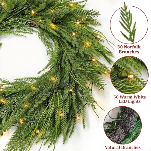 24-Inch Pre-Lit Christmas Wreath with 50 LED Lights for Front Door