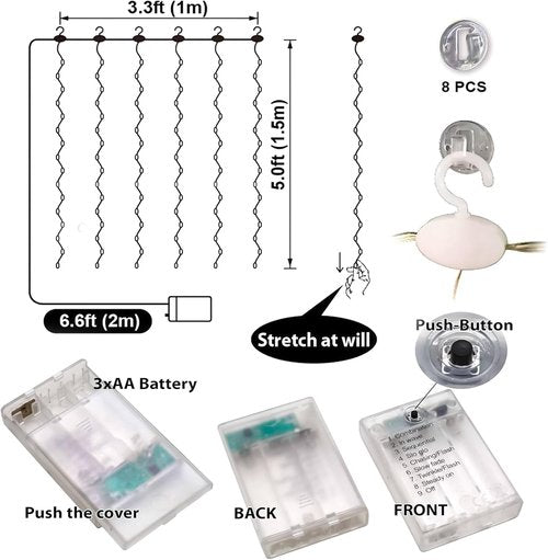 HXWEIYE Short Curtain Lights - 3.3x5Ft Warm White Fairy Light with Timer & 8 Clips | Battery Powered 96LED String Light for Indoor Decor