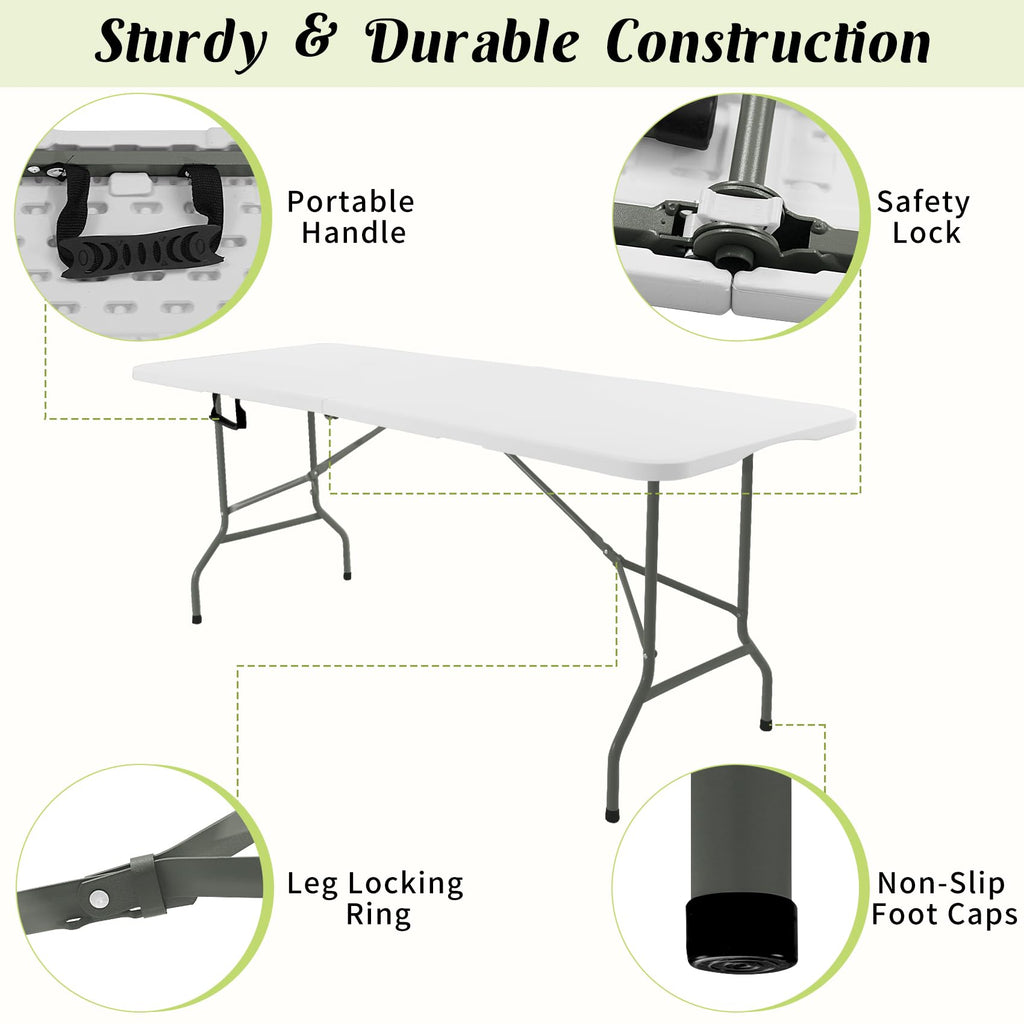 Fivenl 2 Pack 6 FT Folding Tables White Foldable Table, Fold-in-Half with Carrying Handle Portable Plastic Rectangular Table for Party, Dining, Wedding, Camping, Picnic, Indoor Outdoor Events
