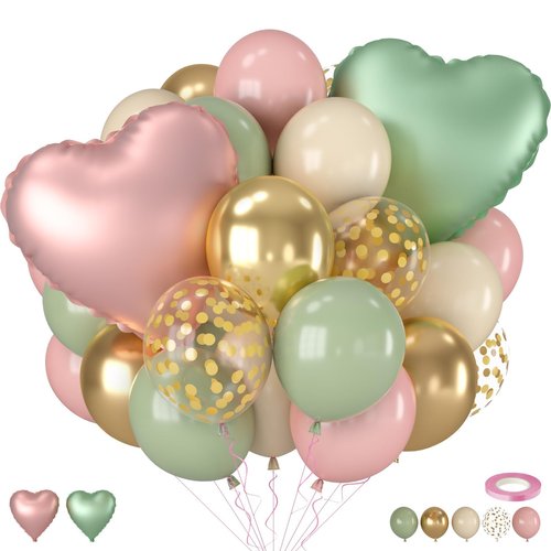 Pink and Green Balloons, 12 Inch Retro Sage Green Pink Nude Metallic Gold Confetti Balloons with Heart Foil Balloon for Girls Jungle Woodland Birthday Safari Baby Shower Party Decorations