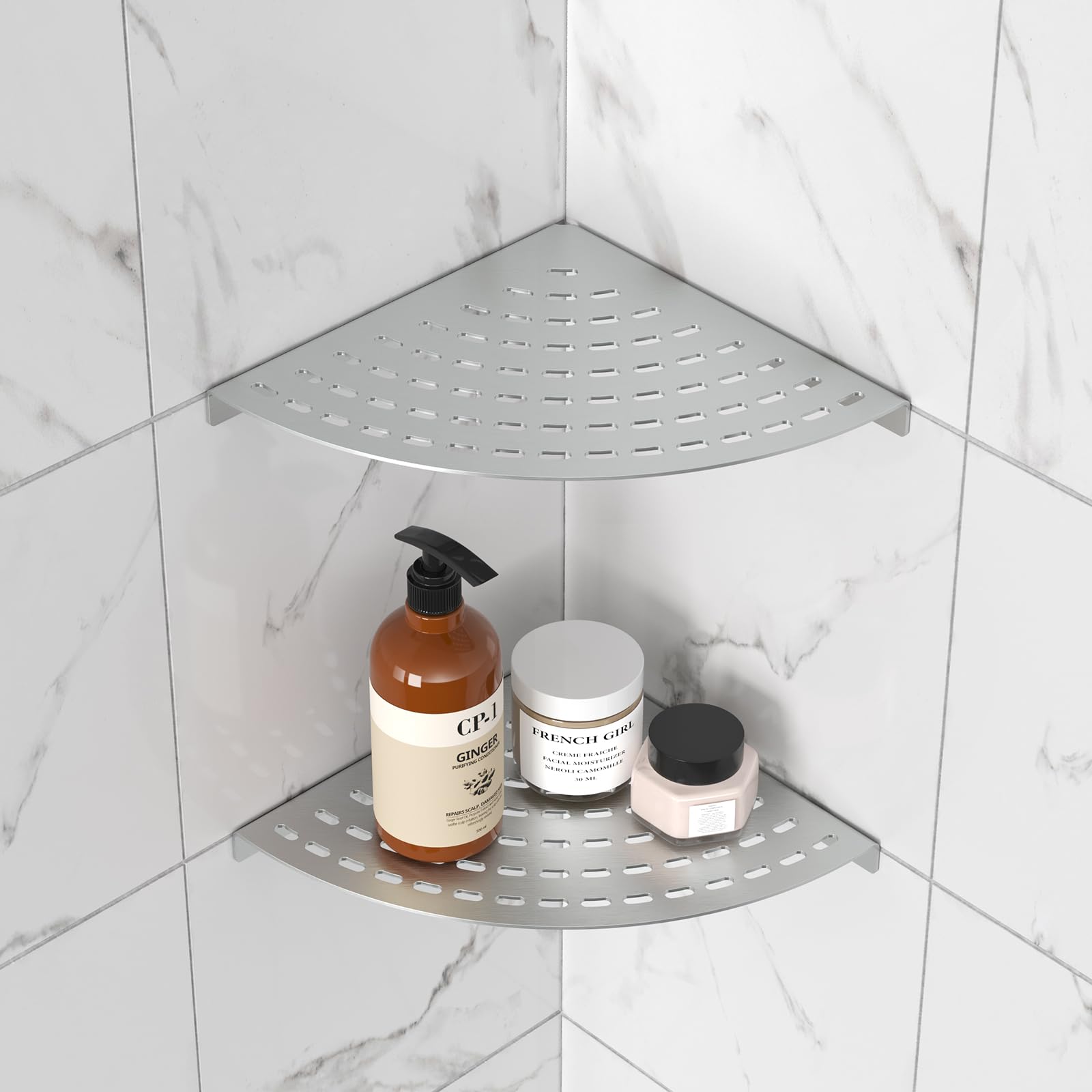 LFBA 2 Pack Corner Shower Shelves 304 Stainless Steel Shower Corner Shelf Brushed Nickel Bathroom 8 in Prevent Rust Drilling Installation