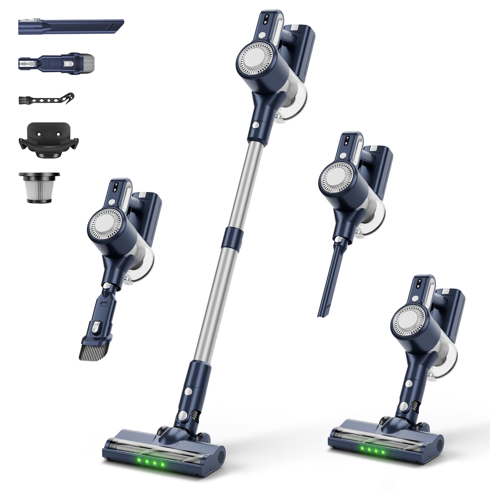 Clinkal Cordless Vacuum Cleaner - 6-in-1 Stick Vacuum with Powerful Suction, Rechargeable, Anti-Tangle Pet Hair Brush, Self-Standing, Green LED Headlight Vacuum for Carpet & Hardwood Floors-Dark Blue