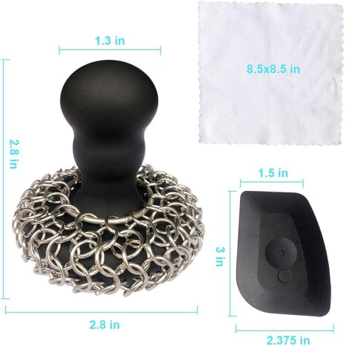 316 Chainmail Scrubber by [Brand Name] - Ergonomic Silicone Handle for Easy Cast Iron Cleaning | Dishwasher Safe, Black