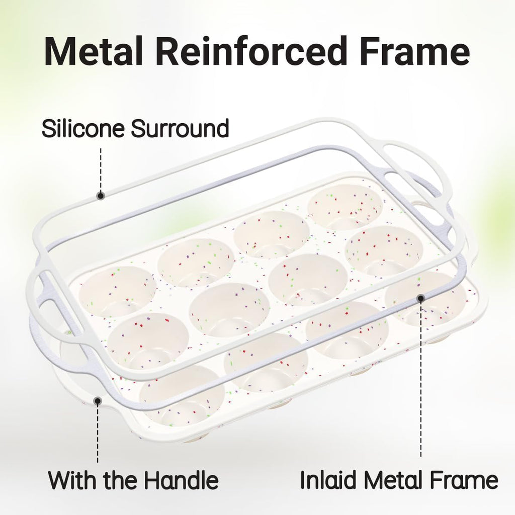 Skiennix Silicone Muffin Pan - Nonstick 12-Cup Baking Tray with Metal Reinforced Frame | BPA Free & Dishwasher Safe