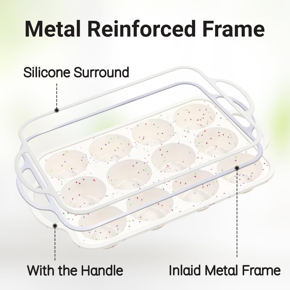 Skiennix Silicone Muffin Pan - Nonstick 12-Cup Baking Tray with Metal Reinforced Frame | BPA Free & Dishwasher Safe