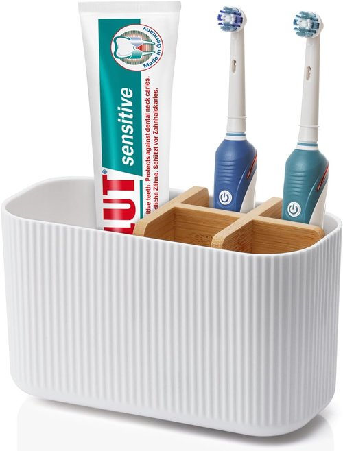 GFWARE Bamboo Toothbrush Holder - Stylish Organizer for Electric & Kids Toothbrushes | White