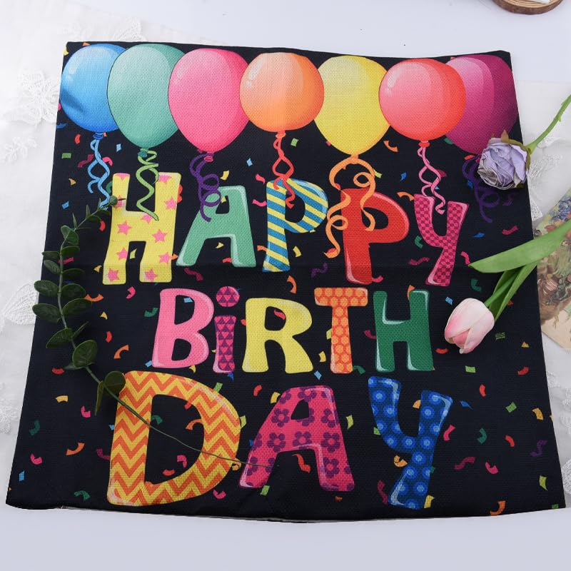 Happy Birthday Throw Pillow Cover 18x18 Inch - Black Balloon Design, Gift for Kids & Teens - Sisadodo