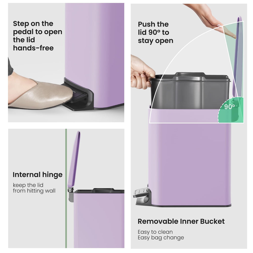 Cesun Small Bathroom Trash Can with Lid Soft Close, Step Pedal, 6 Liter / 1.6 Gallon Stainless Steel Garbage Can with Removable Inner Bucket, Anti-Fingerprint Finish (Purple)