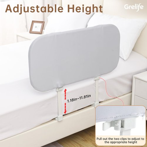Grelife 33" Portable Travel Bed Rail for Toddlers (Compact), Fast Install, Adjustable Height, Tall Toddler Bed Rails for Crib, Single, Twin Bed, Foldable Baby Bed Rail Guard for Box, Flat Bed