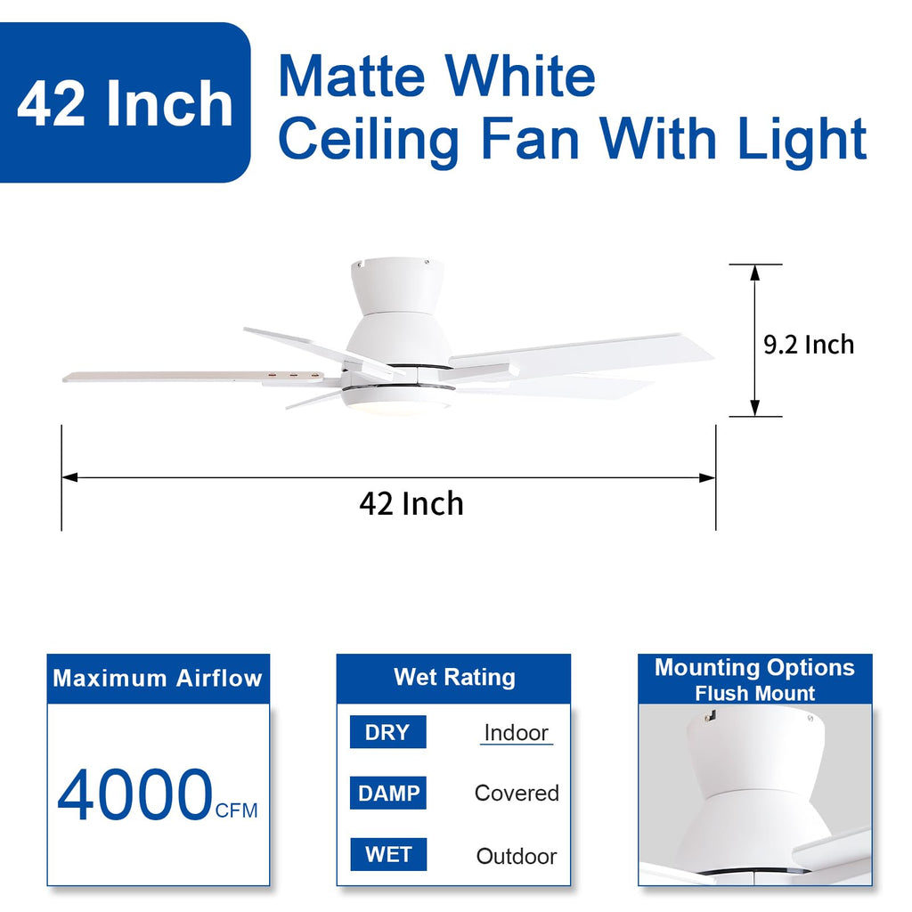 Sevenine 42'' White Flush Mount Ceiling Fan with Light & Remote, ETL Listed