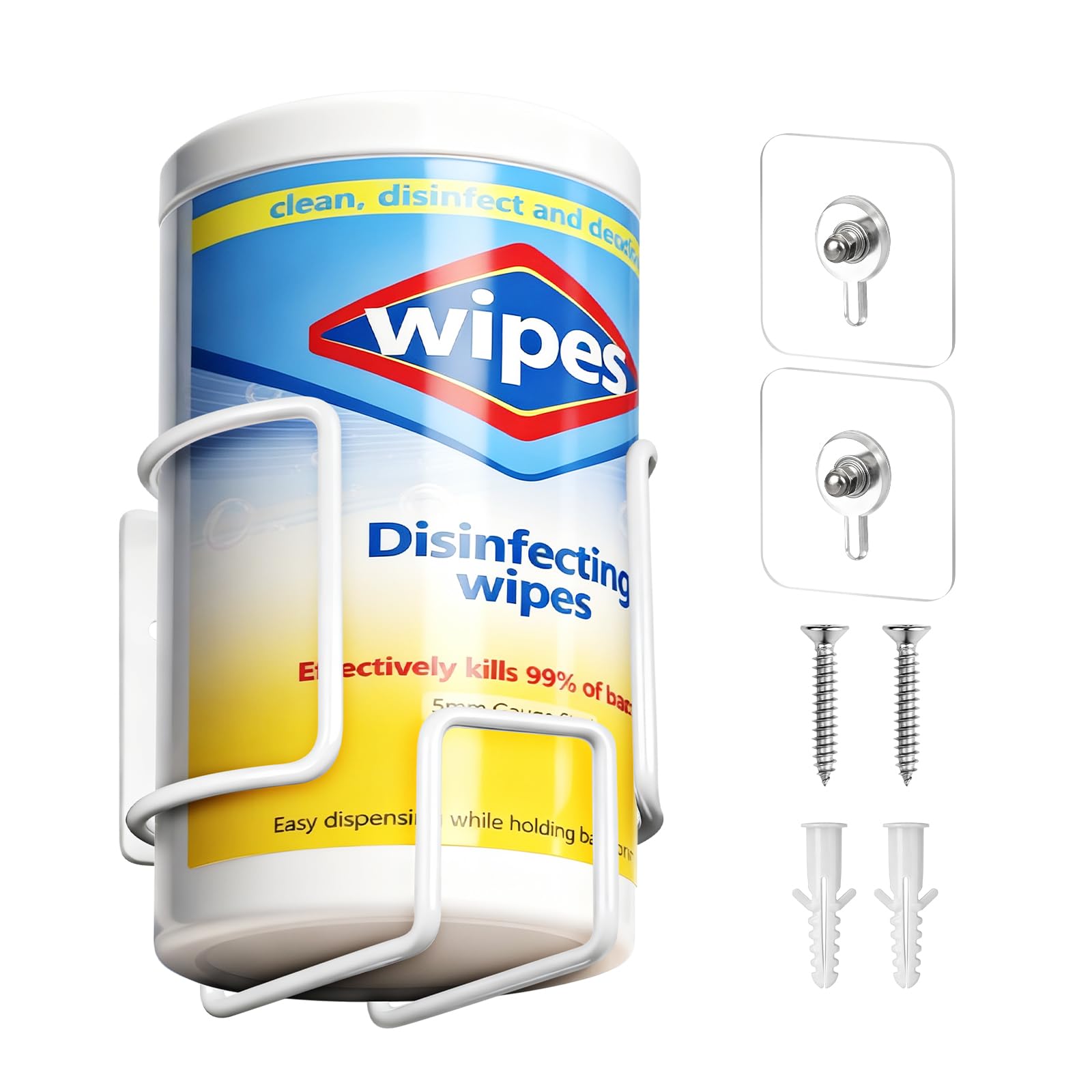 Wall-Mount Wipes Holder, Wipes Dispenser for Surface Cleaning Wipes, 5mm Steel Wire, Easy-Load Design with Strong Adhesive Backing (White, Small)