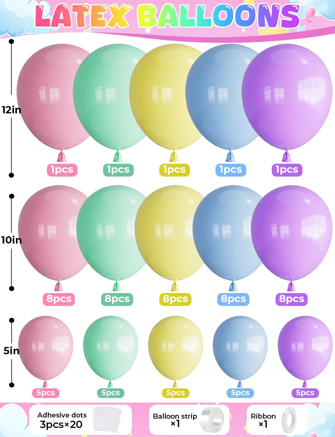 Pastel Birthday Decorations - Happy Birthday Balloon Banner & Macaron Balloons | 84-Piece Set