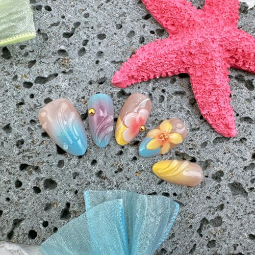Short Almond Press On Nails 3D Flower French Tip Acrylic False Nails