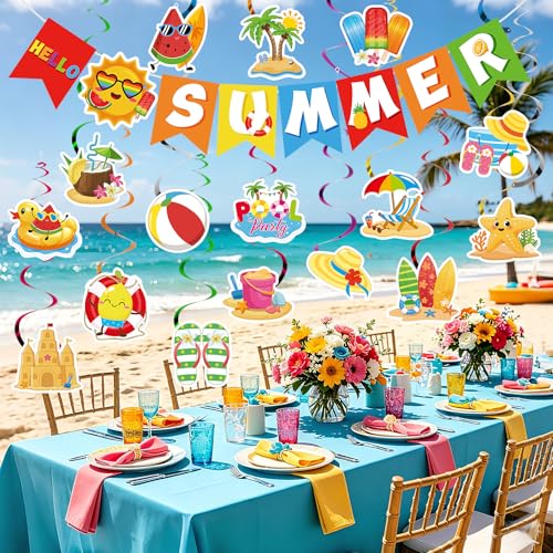 Summer Party Decorations Set - Summer.rich Tropical Banner & Hanging Swirls