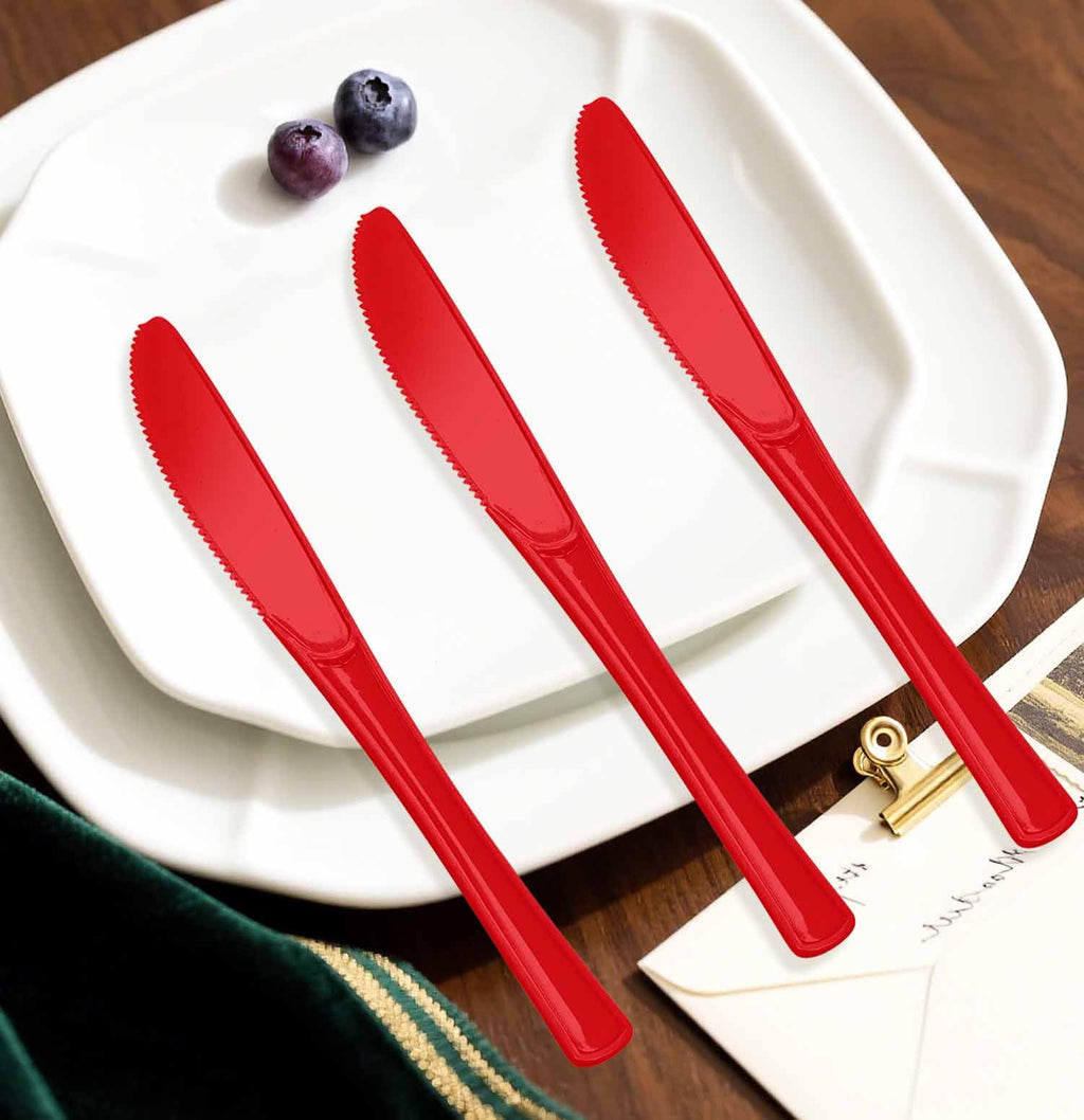 SietDESEO 25 PCS Red Plastic Knives Disposable Utensils Heavy Duty Red Knives Disposable Cutlery for Birthday Wedding Baby Shower Bridal Shower Plastic Silverware