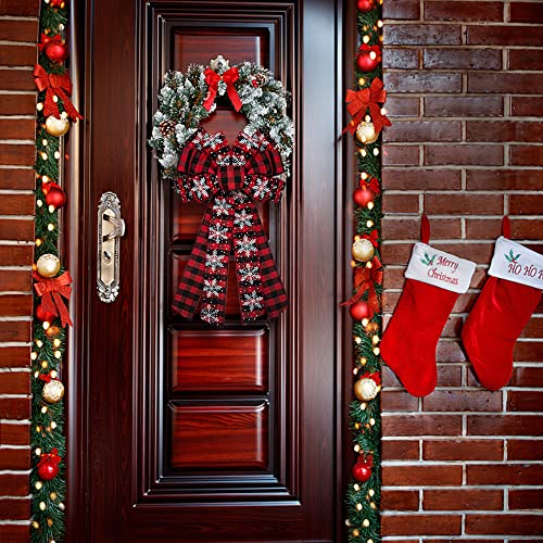 Christmas Wreath Bow Red Velvet Buffalo Plaid Snowflake Large Holiday Decoration