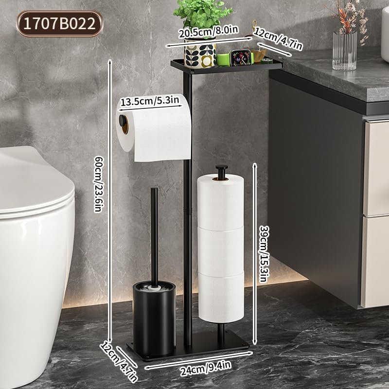 Skiennix Modern Bathroom Toilet Paper Stand - Stylish Black Metal Holder with Storage Shelf for 3 Mega Rolls | 24x12x60 Inches