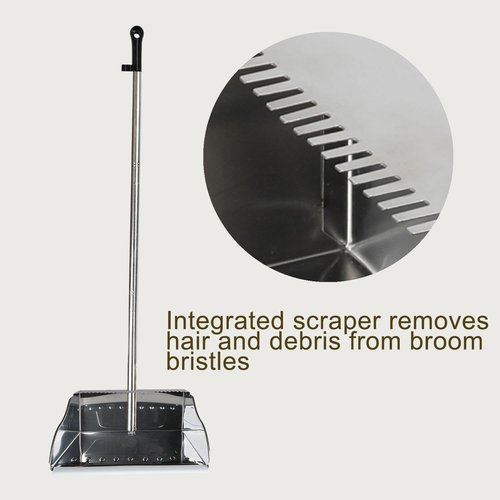 Metal Dustpan Long Handle Stainless Steel Dustpan,Heavy Duty Standing Dust Pan with Teeth, Indoor Outdoor Up for Home Kitchen Lobby Room Office