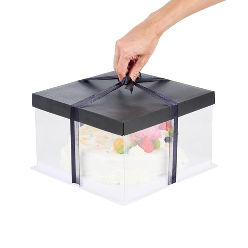 Restaurantware Sweet Vision 10 Inch x 8.25 Inch Transparent Cake Boxes 10 Grease Resistant Base Clear Cake Boxes - Black Lid Black Ribbon Plastic Birthday Cake Boxes For Weddings Or Birthdays