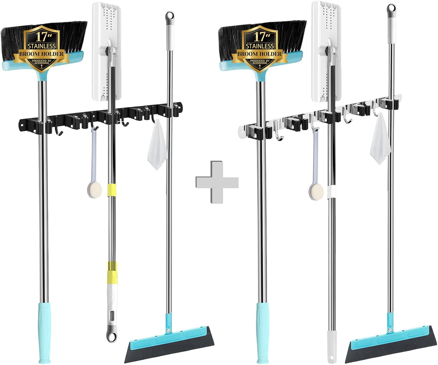 Skiennix Wall-Mounted Broom and Mop Holder - Heavy-Duty 5 Racks & 4 Hooks | Black Stainless Steel Organizer