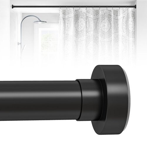 HTZON Black Shower Curtain Rod 18 to 49Inch:Small Spring Tension Shower Rods for Bathroom Kitchen Doorway,Modern Heavy Duty Adjustable Tension Shower Curtain Rod No Drilling No-Slip Easy Install,Black