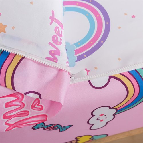 lishjekee 4 Pieces Rainbow Strawberry Comforter Twin Zipper Bedding Girls Rainbow Bedding Set Zip Up Bed in A Bag for Kids Kawaii Pink Flower Bed Sets with Fitted Sheet Pillowcases