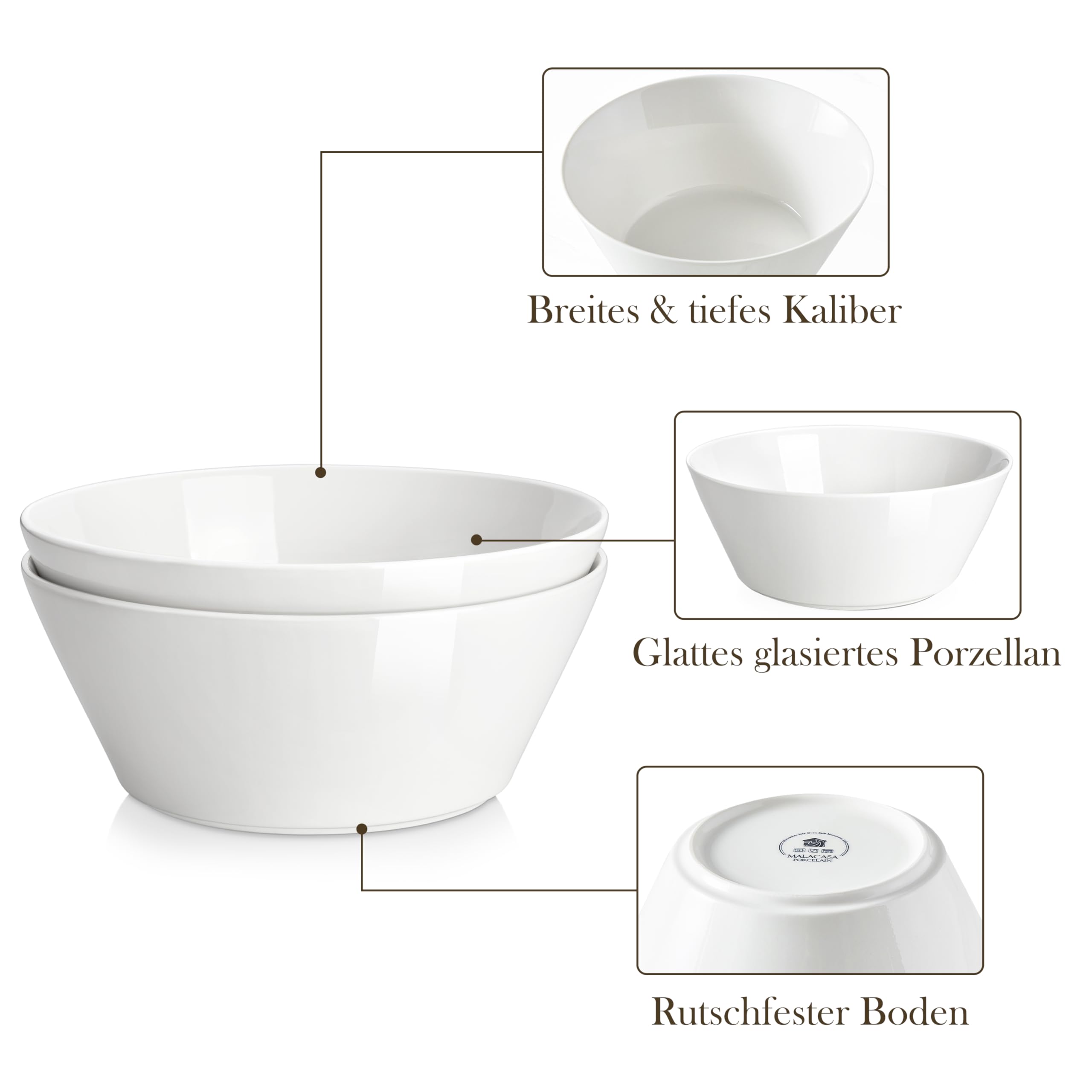 MALACASA Serving Bowls, 105 OZ Large Salad Bowls Set of 2, Porcelain White Bowls for Kitchen, Deep Bowls for Salad, Soup, Pho and Fruit, Ceramic Serving Bowls for Party, Microwave Safe, Series Regular