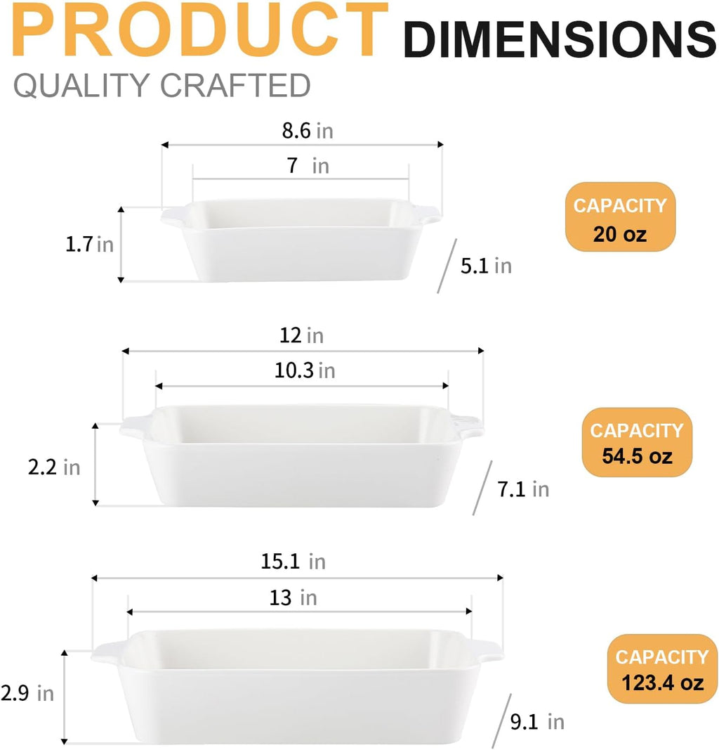 YUN TAO Casserole Dishes - 3-Piece Porcelain Bakeware Set with Handles | Deep Rectangular Lasagna Pans (15.1 Inch, White)