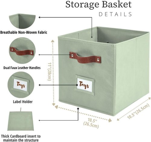 DECOMOMO Storage Bins - Fabric Cube Storage with Labels for Shelves | 10.5" x 11" | 6pcs, Sage Green