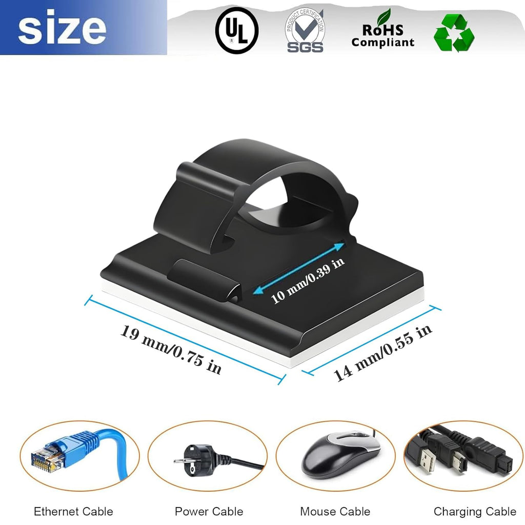 Adhesive Cable Holder Clips - 50 Pcs Black Wire Management for Cables Up to 6mm | Ideal for Home, Office & Car