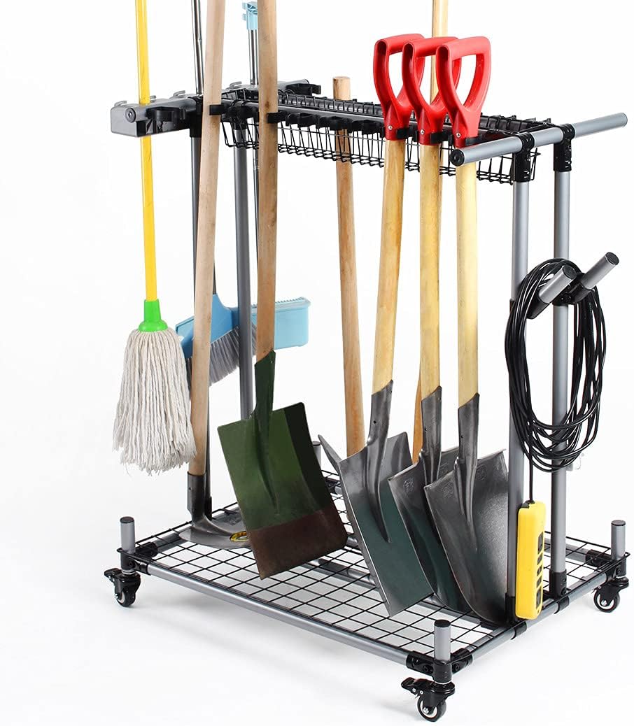 Skiennix Mobile Garden Tool Organizer - Heavy-Duty Metal Storage Holder for Long Lawn Tools | Sturdy Yard Cart