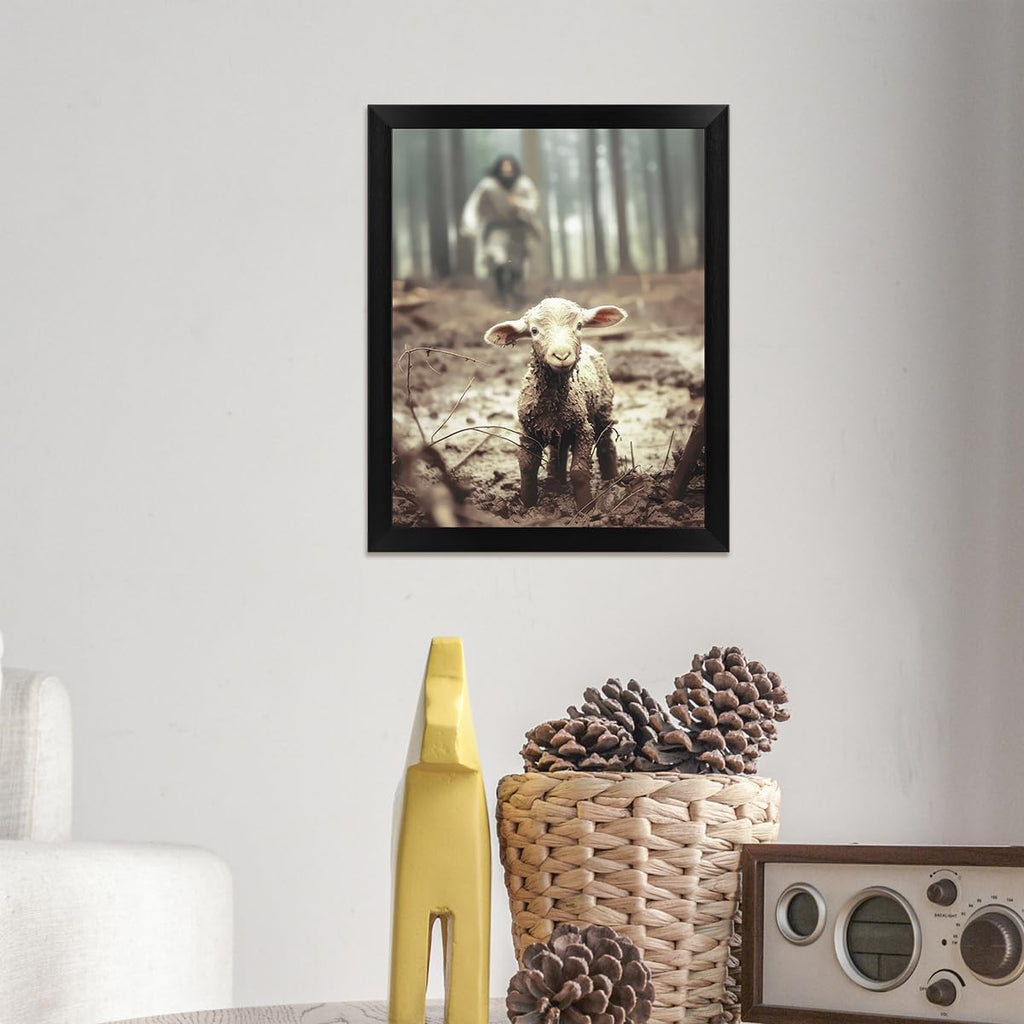 TUXVAKY Christian Wall Art - Jesus Running After Lost Lamb Canvas Decor | 8"x10" for Easter Home Decor
