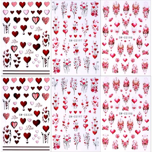 Valentine Nail Art Stickers 6 Sheets Wine Red Heart Rose Decals