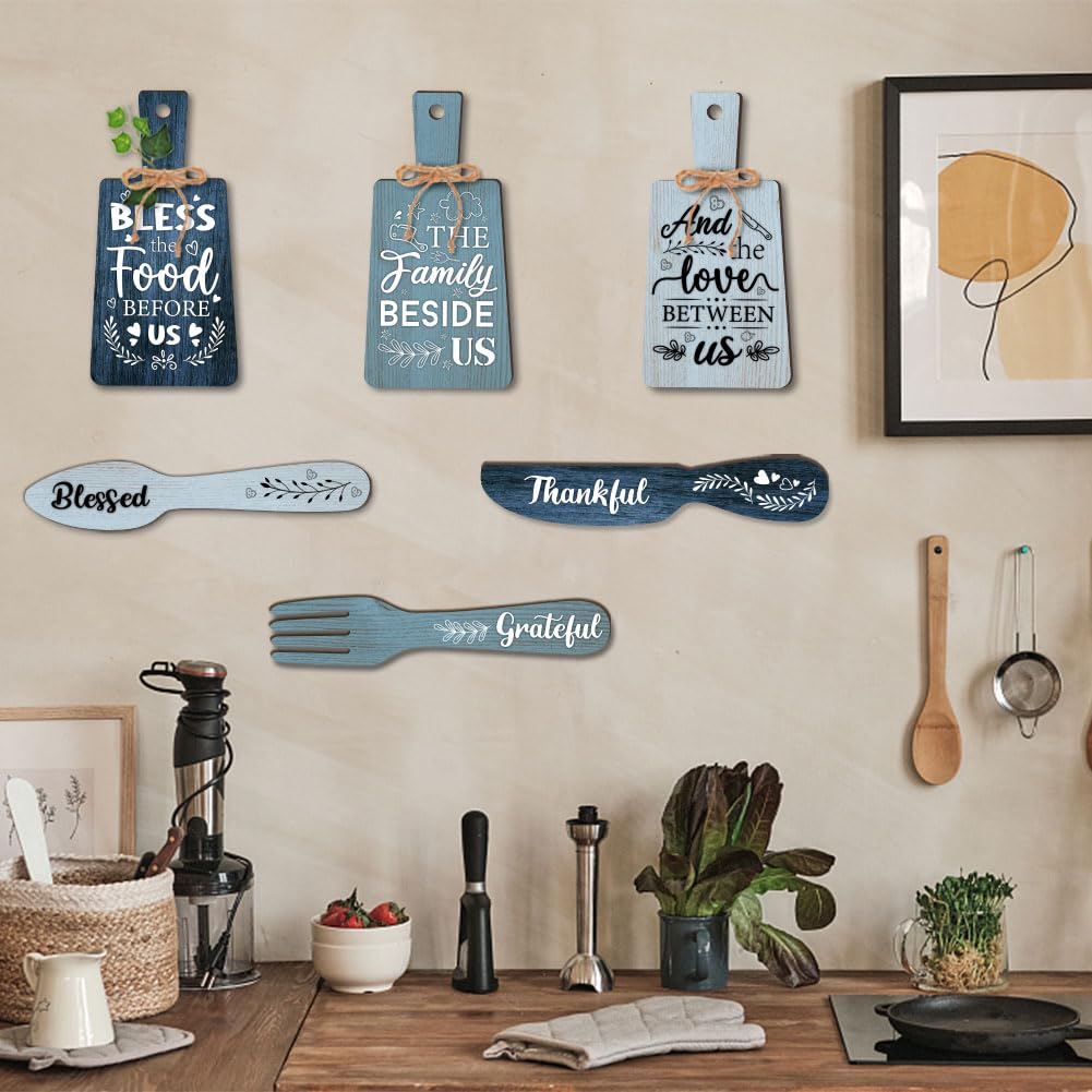 PH PandaHall 6pcs Kitchen Wall Decor Bless Food Sign Set Wall Table Accessories Wooden Pendant Decorations Mini Plaque Fork Spoon Shape Sign Rustic Style Home Dector Blue, 11x5.5 inch/11.8x2 inch