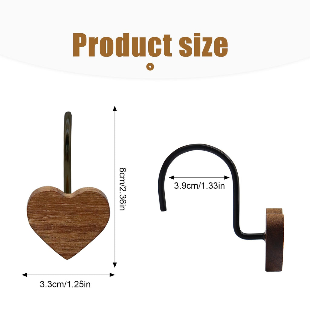 Shower Curtain Hooks, Wood Decorative Shower Curtain Rings, Modern Round Log Shower Curtain Hangers, 12PCS Shower Hooks for Shower Curtain Rod, Bedroom, Living Room (Heart-Black)