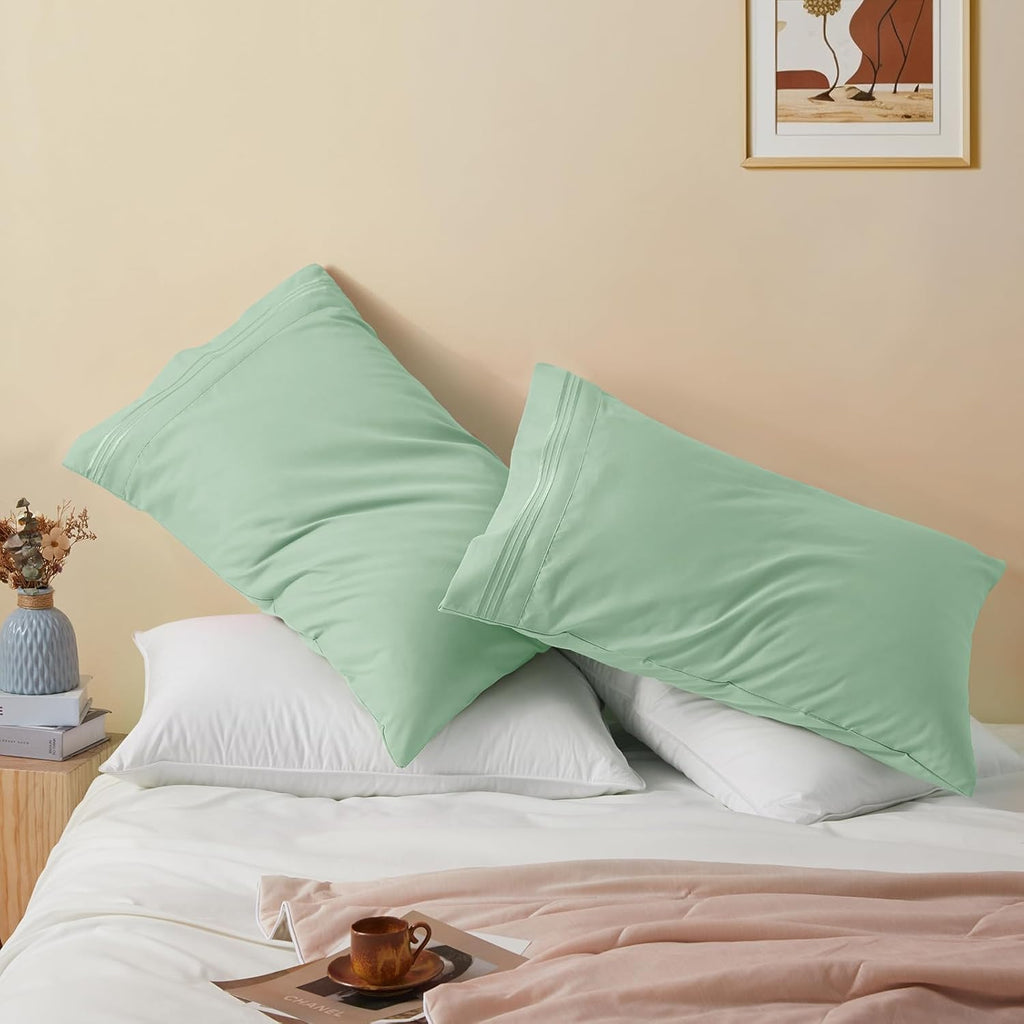 Vonty Queen Pillow Cases - 20x30 Inch, 1800 Thread Count Microfiber, Soft Sage Green Embroidered Covers