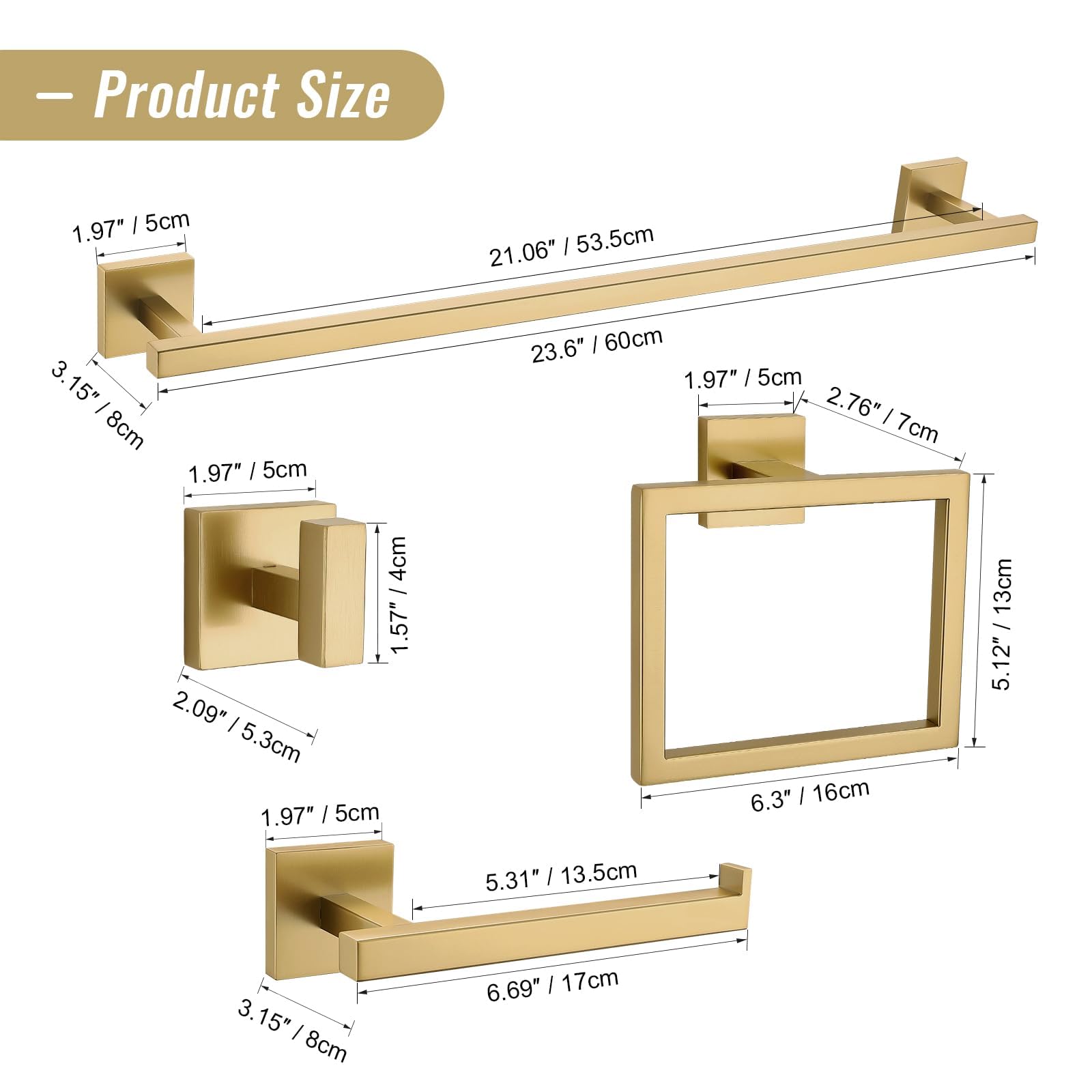 YACVCL Towel Bar Set, 5-Piece Brushed Gold Bathroom Hardware Set, Gold Bathroom Accessories Set, SUS304 Stainless Steel 23.6 Inch Towel Holder Towel Racks Set Wall Mounted