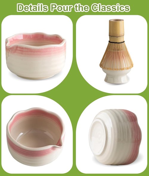 JBER Matcha Whisk Set - 7PCS Ceramic Matcha Kit with Bowl, Bamboo Whisk, Sifter & Spoon | Gradient Pink
