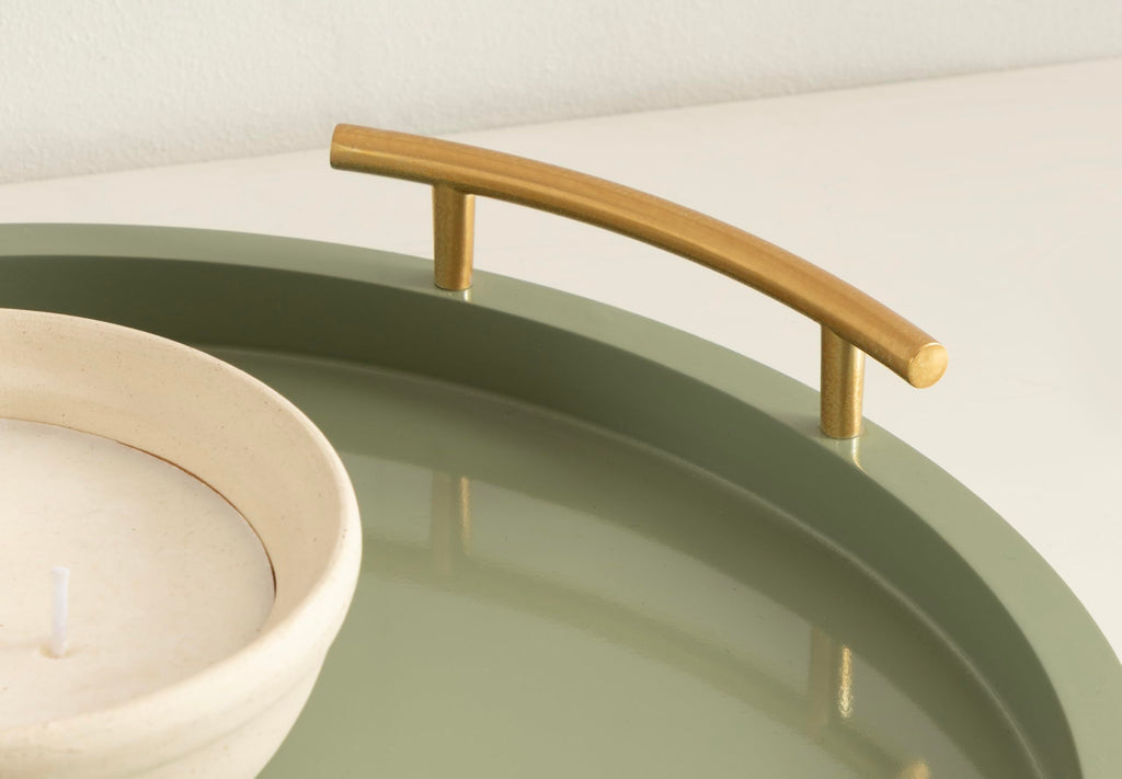 Kate and Laurel Halsey Decorative Wooden Round Tray with Polished Metal Handles, 16 Inch Diameter, Sage Green and Gold, Modern Glam Circle Serving Tray for Use as Ottoman Topper or Coffee Table Accent