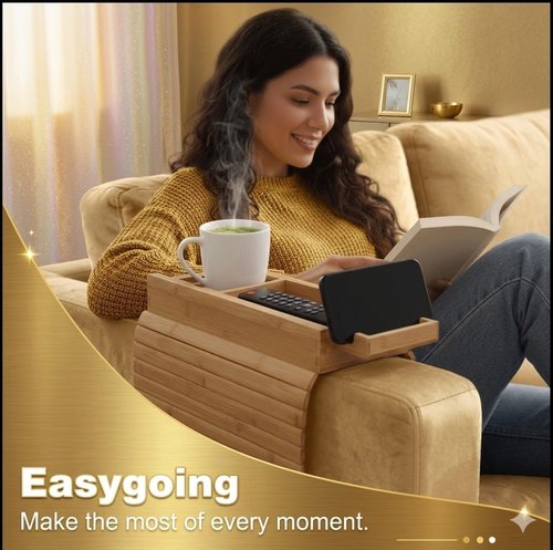 Bamboo Sofa Armrest Tray with Detachable Couch Cup Holder, 2-in-1 Foldable Anti-Slip Couch Arm Tray, Sofa Arm Organizer for Drinks, Remotes, Phone, and Snacks, Portable Armrest Caddy Table.