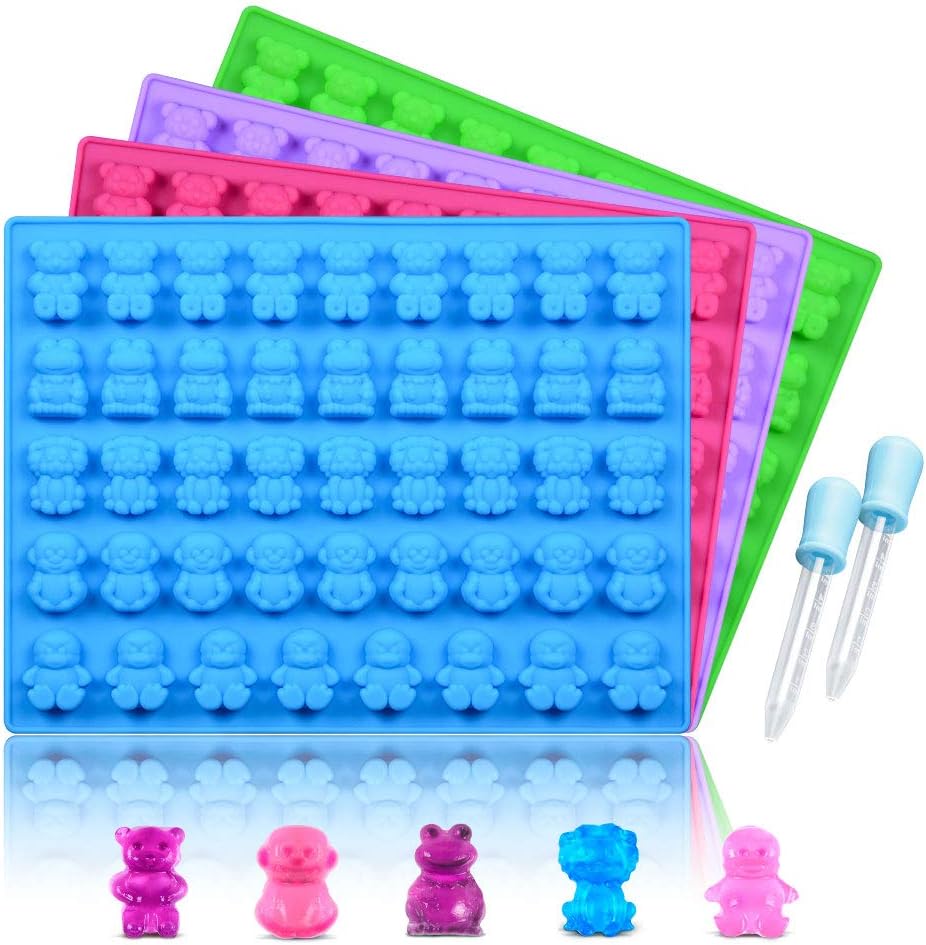 Silicone Candy Gummy Bear Molds - Premium 4-Pack with Bears, Frogs, Lions & More | Includes 2 Droppers