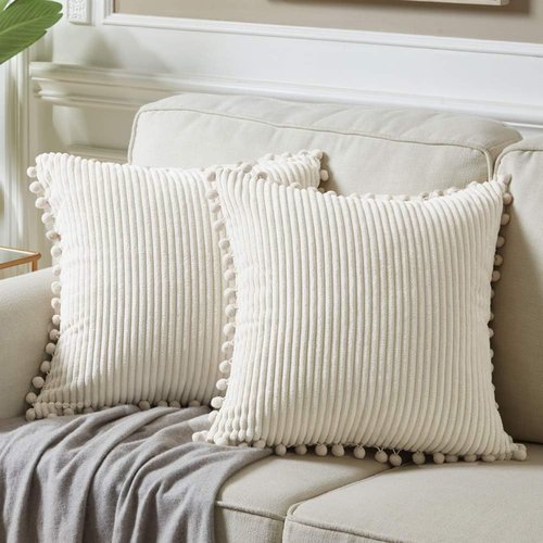 Fancy Homi Boho Decorative Throw Pillow Covers - Soft Corduroy Cushion Case Set (Pack of 2, 18x18 Inch, Cream)