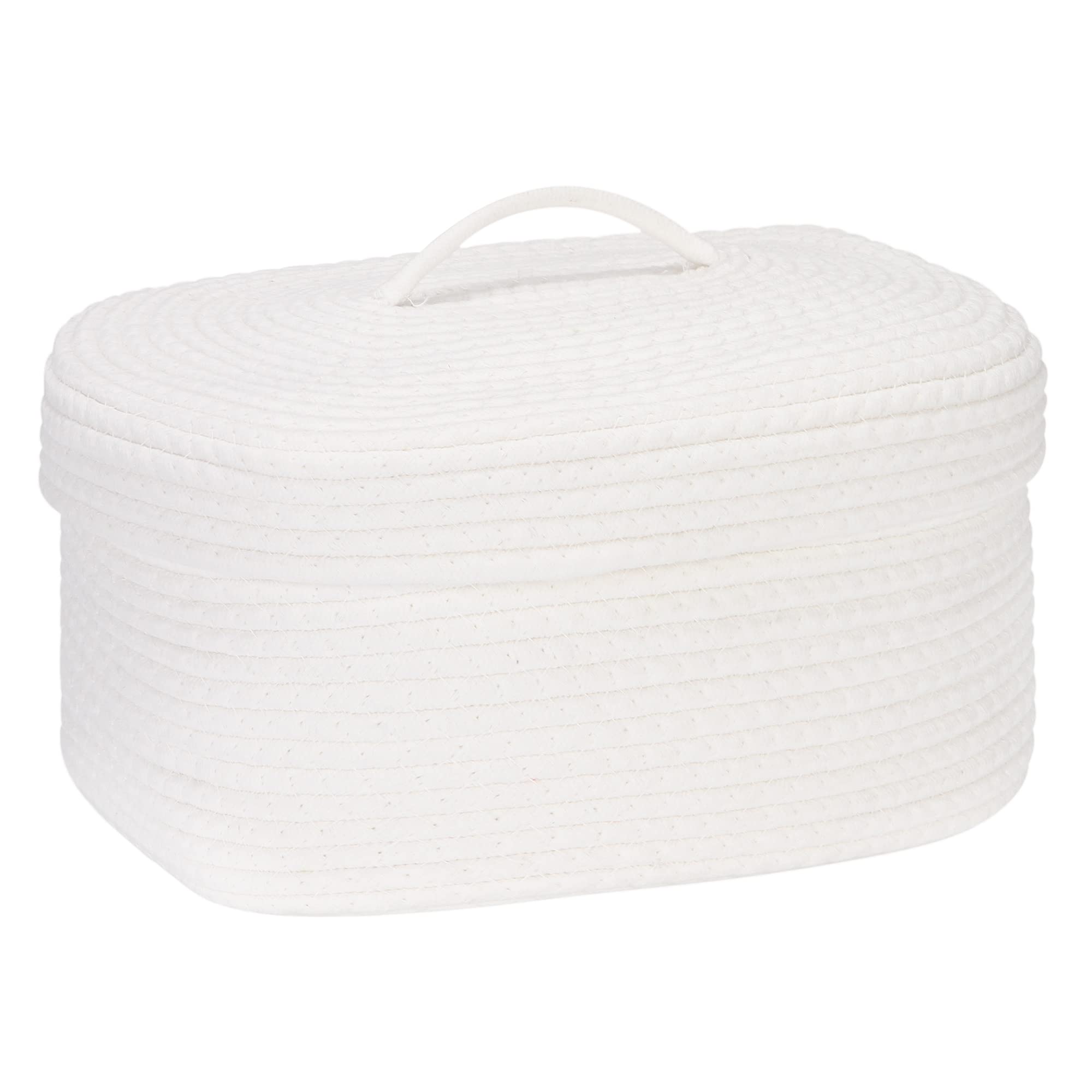 Sea Team Oval Cotton Rope Storage Basket with Lid, Lidded Woven Storage Bin, Nursery Storage Container, Diaper Caddy, Baby Shower Basket, Box, Organizer, 15 x 11 x 6.5 Inches (Medium, White)