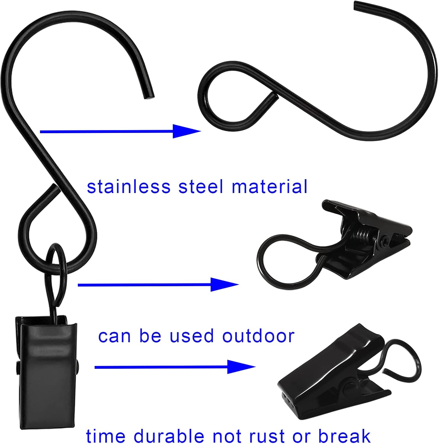 Skiennix Stainless Steel S Hooks - 50 Pack Hanging Clips for Party Lights & Art Display | 3 Inch, Black