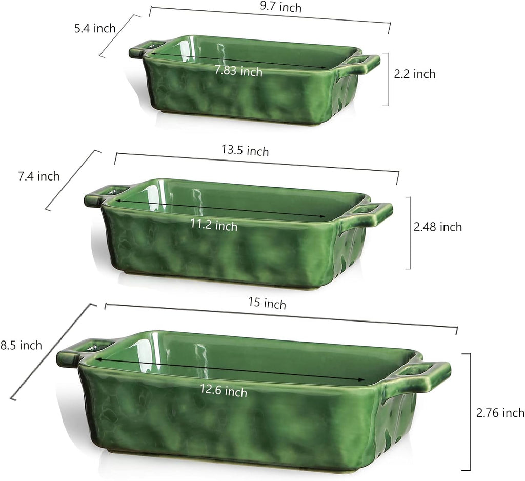 VICRAYS Ceramic Bakeware Set - Porcelain Rectangular Baking Dish for Lasagna & Casseroles | 3-Piece, 15 x 8.5 Inches (Green)